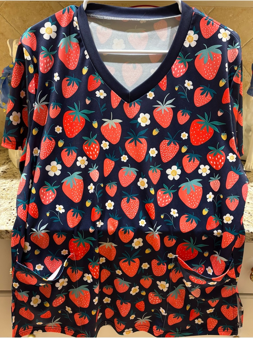 Women's Navy Strawberry Print V‑Neck Tee